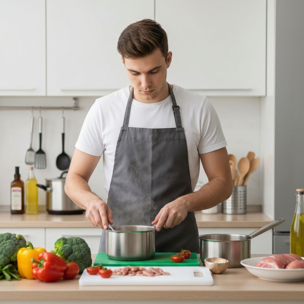Modern healthy cooking preparation with fresh ingredients and cooking utensils